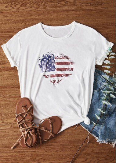 American Flag Print Round Neck White T Shirt