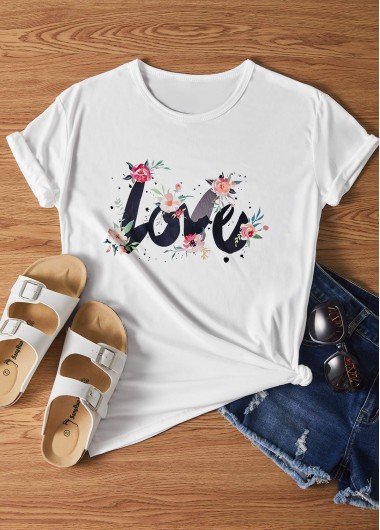 Letter Print Short Sleeve Round Neck White T Shirt