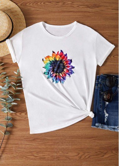 Round Neck Sunflower Print White T Shirt