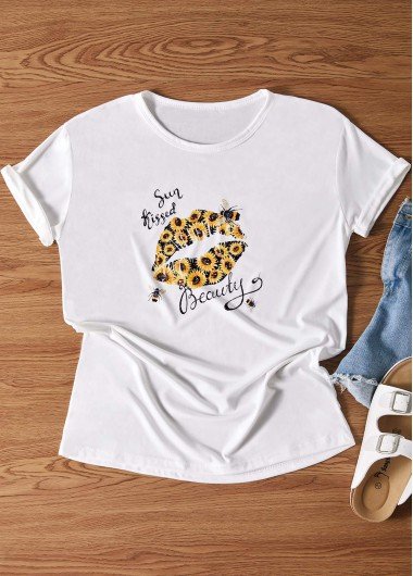 Lip and Letter Print White Round Neck T Shirt