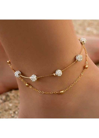 Layered Design Gold Rhinestone Metal Anklet