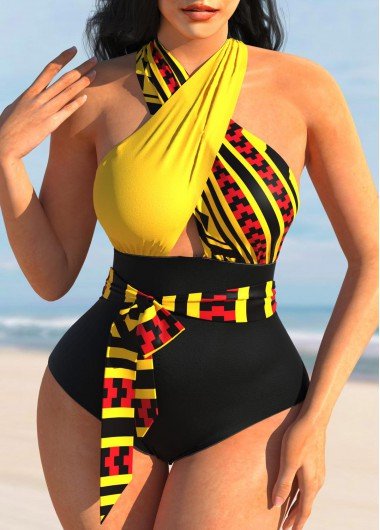 Cross Halter Tribal Print Color Block One Piece Swimwear