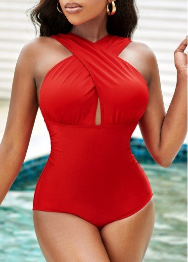 Red Criss Cross Neck One Piece Swimwear