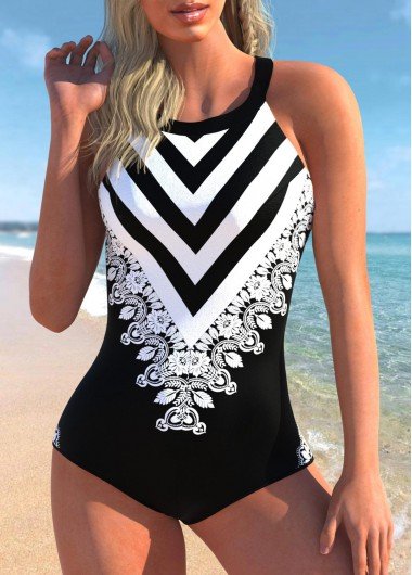 Black Geometric and Tribal Print One Piece Swimwear