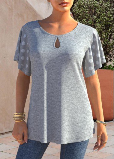 Polka Dot Keyhole Neckline Grey Marl T Shirt