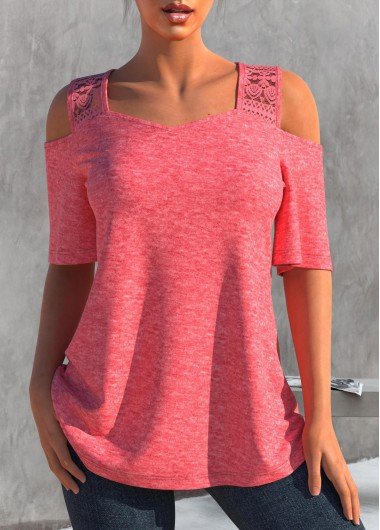 Lace Stitching Pink Cold Shoulder T Shirt