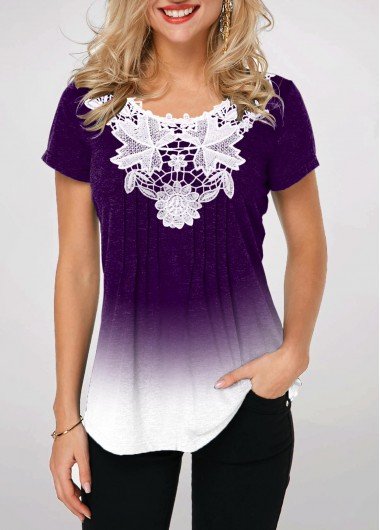 Ombre Purple Lace Stitching Crinkle Chest T Shirt