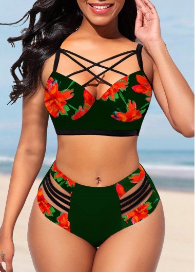 Floral Print Black Cage Neck Bikini Set