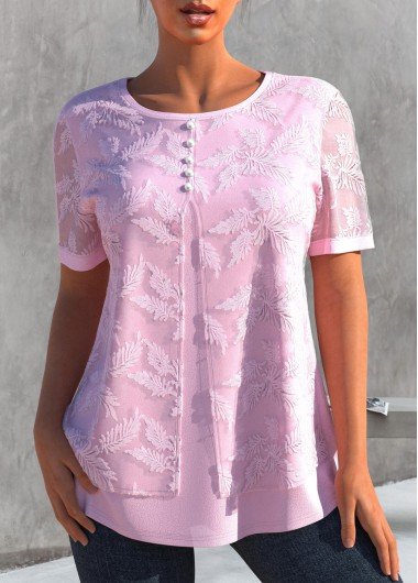 Faux Two Piece Embroidered Light Pink T Shirt