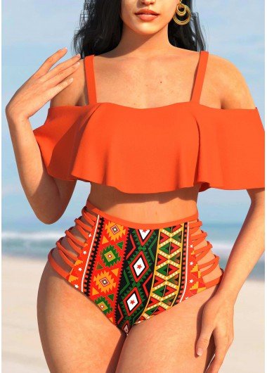 High Waisted Tribal Print Orange Bikini Set