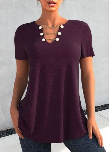 Burgundy Chain Design Split Neck T Shirt