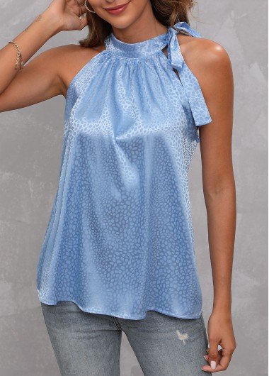 Bib Neck Tie Detail Printed Blue Tank Top