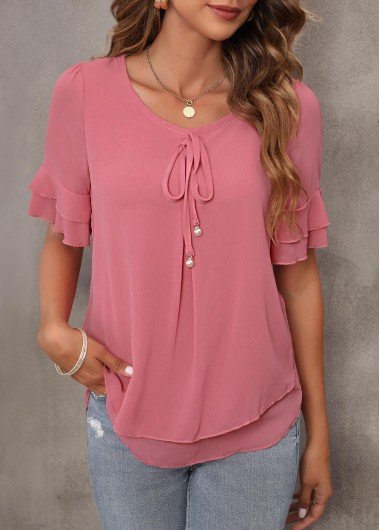 Dusty Pink Tie Front Layered Ruffle Hem T Shirt