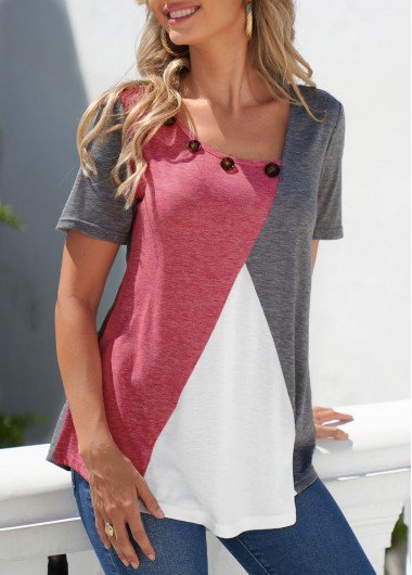 Grey Decorative Button Contrast Short Sleeve T Shirt