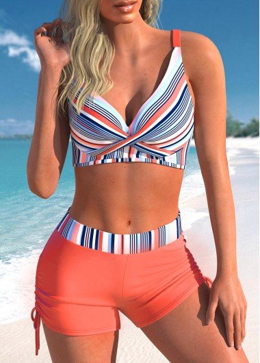 Front Cross Stripe Print Coral Red Bikini Set