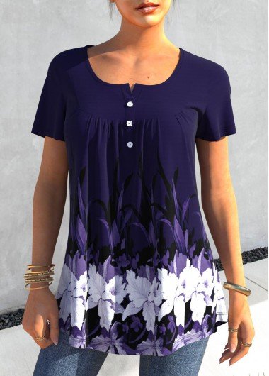 Floral Print Short Sleeve Purplish Blue T Shirt