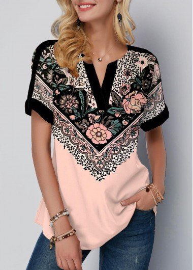 Floral Print Split Neck Light Pink T Shirt