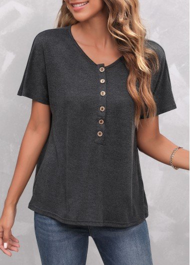 Button Detail Dark Grey V Neck T Shirt