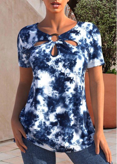 Navy Blue Short Sleeve Tie Dye Print T Shirt