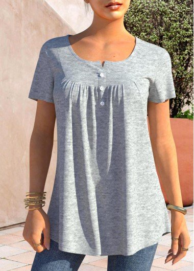 Grey Marl Short Sleeve Split Neck T Shirt