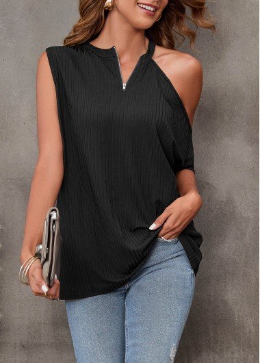 Black Cold Shoulder Quarter Zip T Shirt