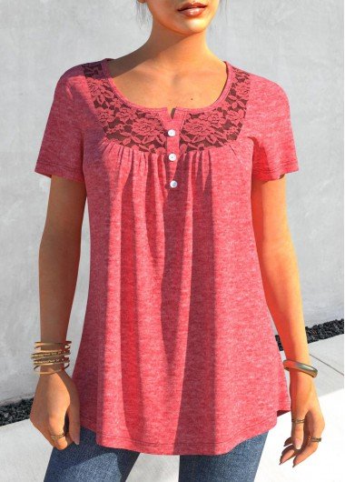 Pink Lace Stitching Short Sleeve T Shirt