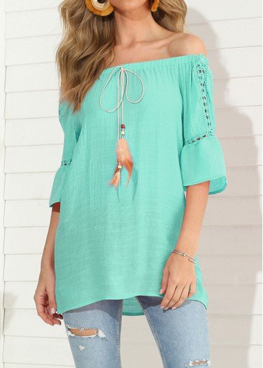 Feathers Design Hollow Out Mint Green T Shirt