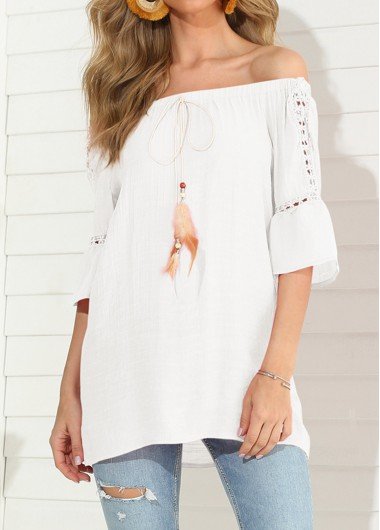 Hollow Out White Feather Detail T Shirt