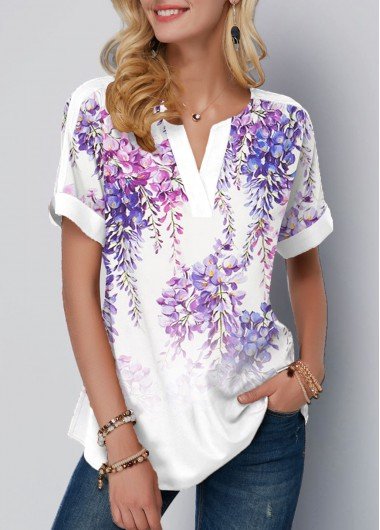 Floral Print Split Neck Purple T Shirt