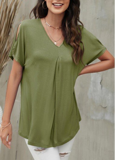 V Neck Army Green Slit Sleeve T Shirt