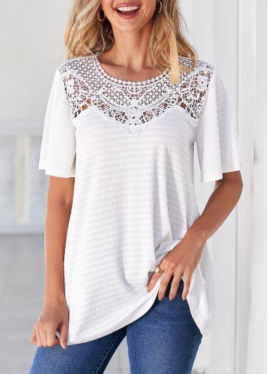 White Lace Patchwork Short Sleeve T Shirt