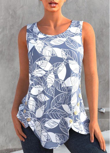 Color Block Round Neck Leaf Print Tank Top