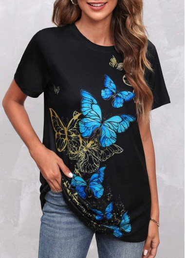 Round Neck Butterfly Print Black T Shirt