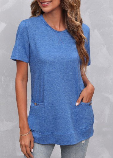 Double Side Pockets Royal Blue V Neck T Shirt