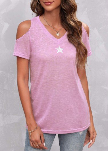 Cold Shoulder Light Pink Star Print T Shirt