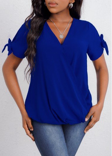 V Neck Royal Blue Bowknot Detail T Shirt