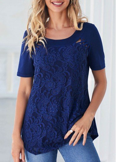 Lace Stitching Navy Blue Cross Strap T Shirt