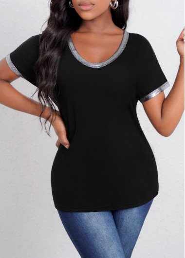 V Neck Short Sleeve Black T Shirt