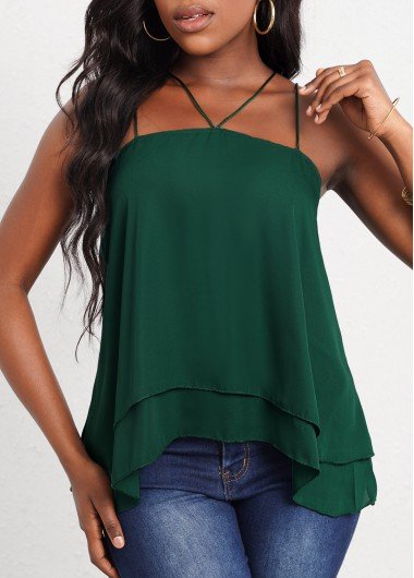 Dark Green Spaghetti Strap Layered Hem T Shirt