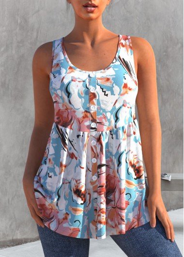 Floral Print Multi Color Decorative Button Tank Top