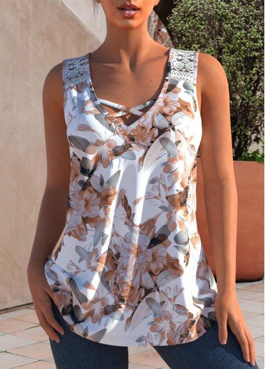 Floral Print White Lace Stitching Tank Top