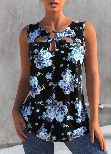 Floral Print Black Cage Neck Tank Top