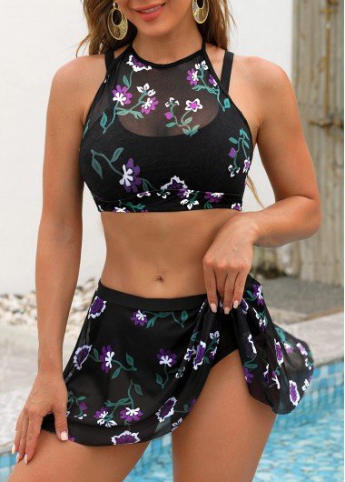 Floral Print Halter Black Bikini Set