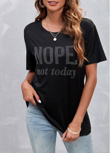 Hot Drilling Letter Design Black T Shirt