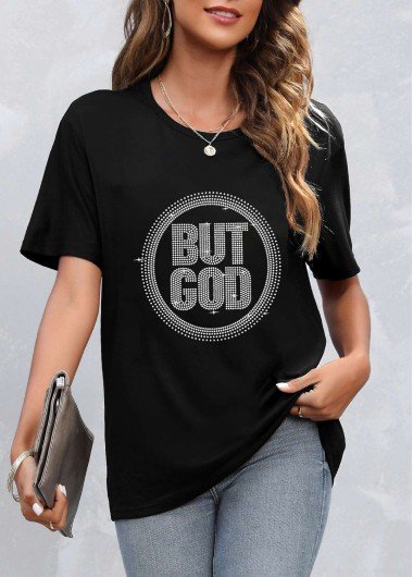 Hot Stamping Letter Black Round Neck T Shirt