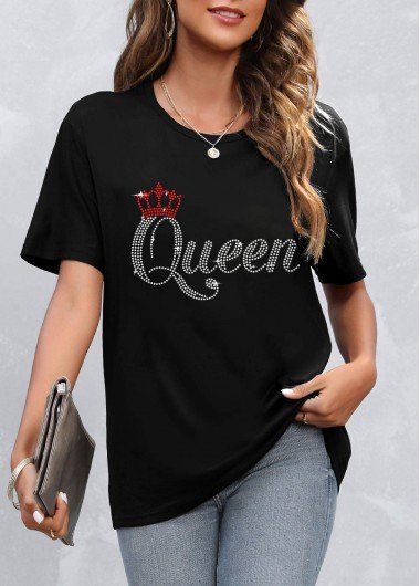 Hot Stamping Letter Black Round Neck T Shirt