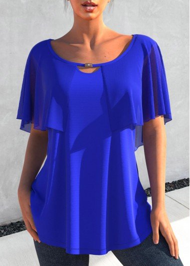 Royal Blue Cape Sleeve Metal Decorative T Shirt