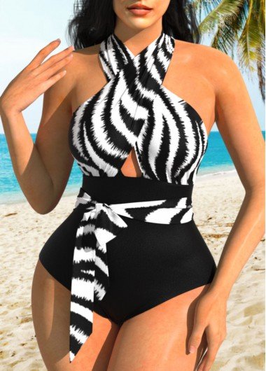 Black Cross Halter One Piece Swimwear