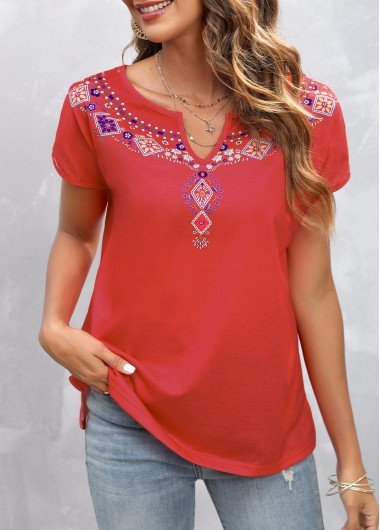 Red Split Neck Tribal Print T Shirt