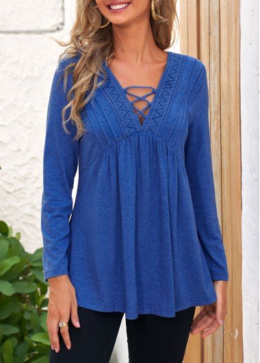 Royal Blue Lace Stitching Long Sleeve T Shirt